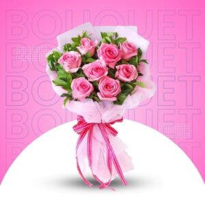 8 Pink Roses wrapped with premium pink paper and a Pink dotted ribbon used to tide up