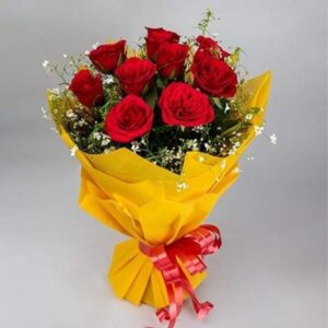 8 red roses wrapped with premium yellow wrapper tide up with red ribbon
