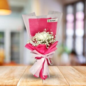 Single white rose red and white wrapped Bouquet